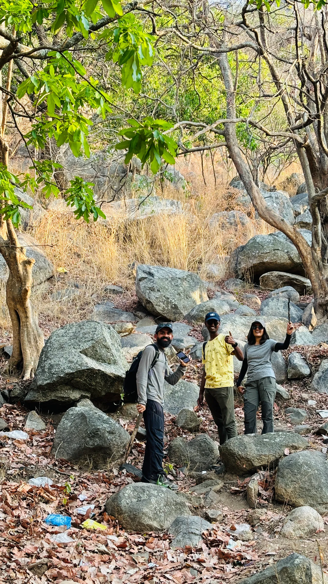Three of us on the boulder trail up to the Halu Chilume Gange temple