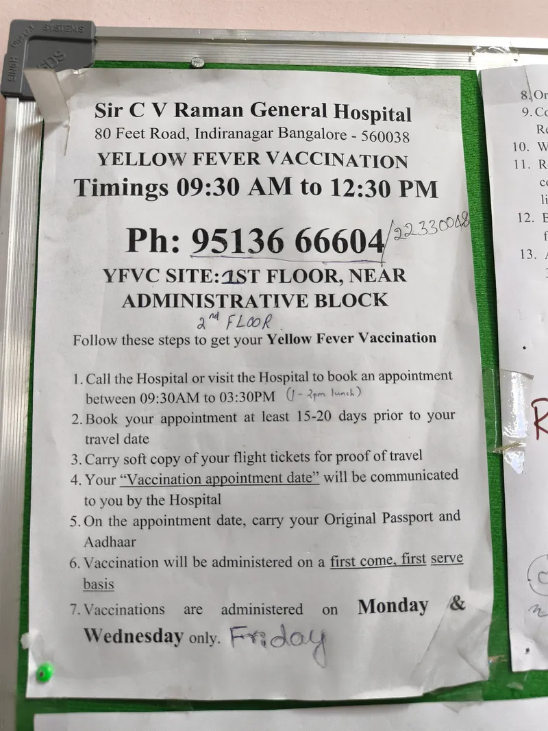 Yellow fever vaccination timings and steps on a notice at Sir C V Raman General Hospital, Bengaluru